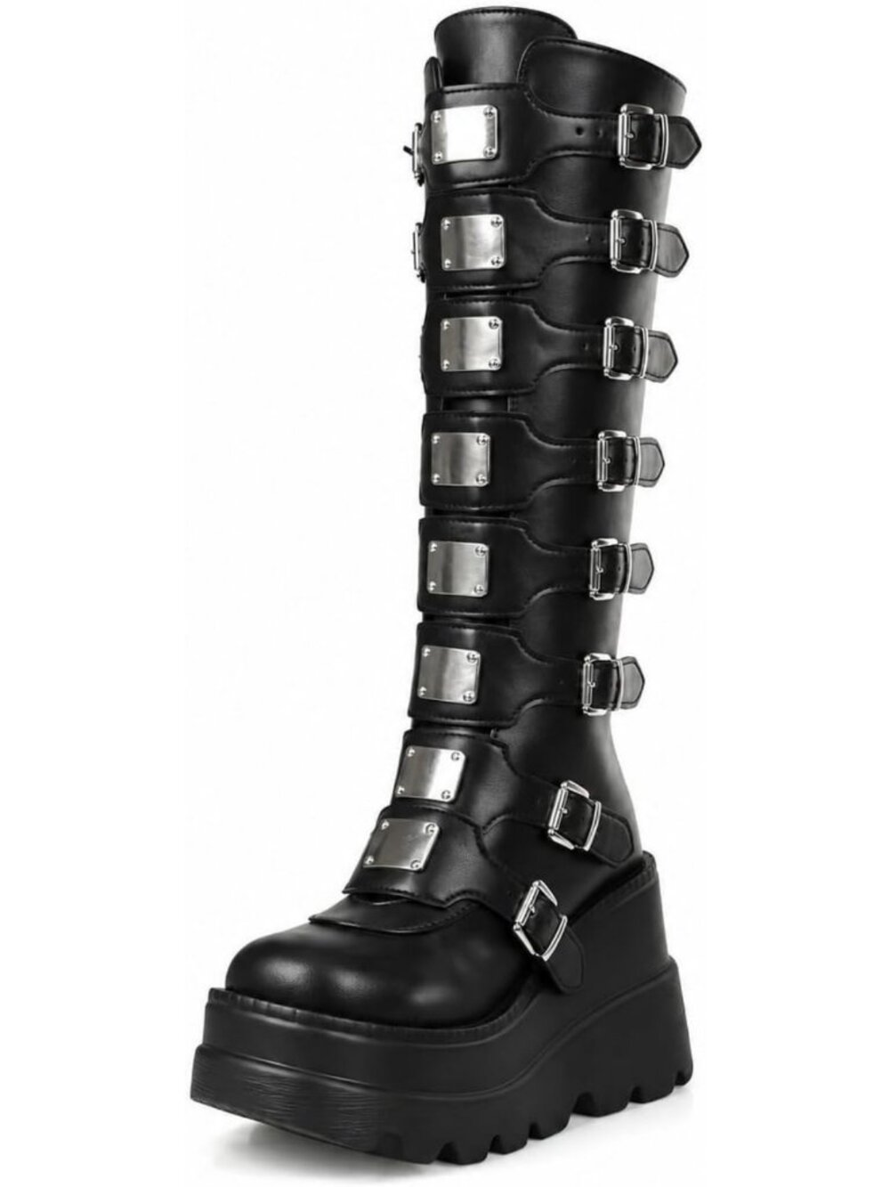 Gothic Platform Knee High Boots with Wedge Heel & Metal Buckles for Women